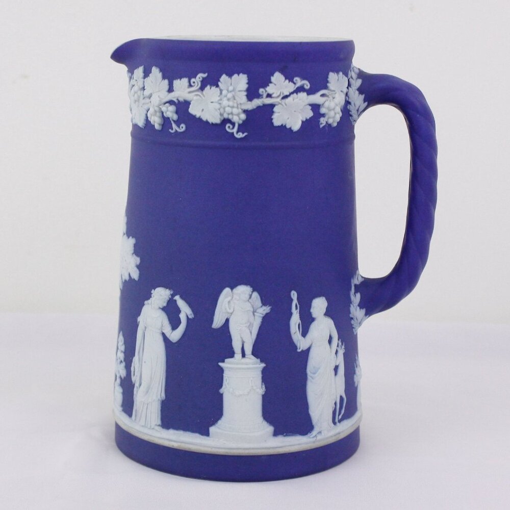 Victorian Wedgwood Jasperware trojan jug 6.5”, 1896 cobalt blue cider pitcher